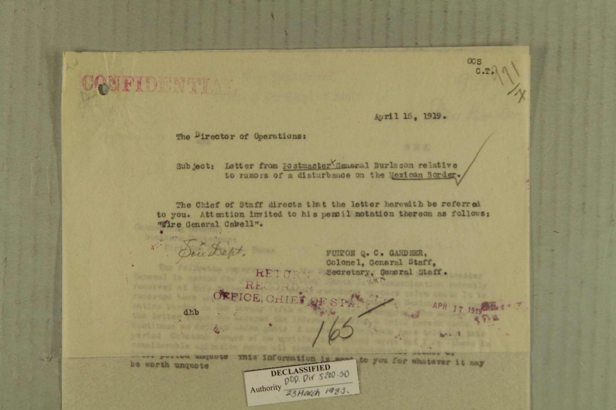 Memos From Kerr And Fulton Q C Gardner Re Letter From Postmaster General Burleson Relative To Rumors Of A Disturbance On The Mexican Border April Alexander Street A Proquest Company
